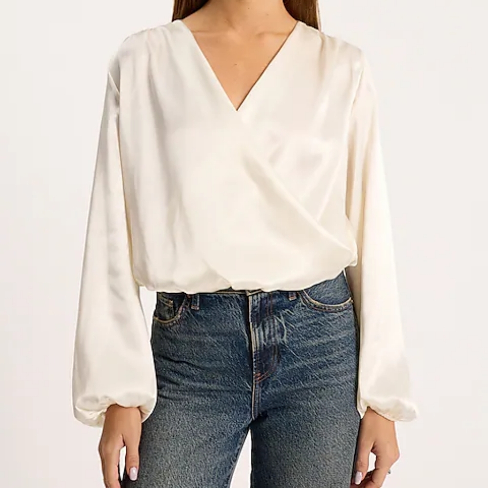 Express Satin V-Neck Long Sleeve Surplice Ivory Top
